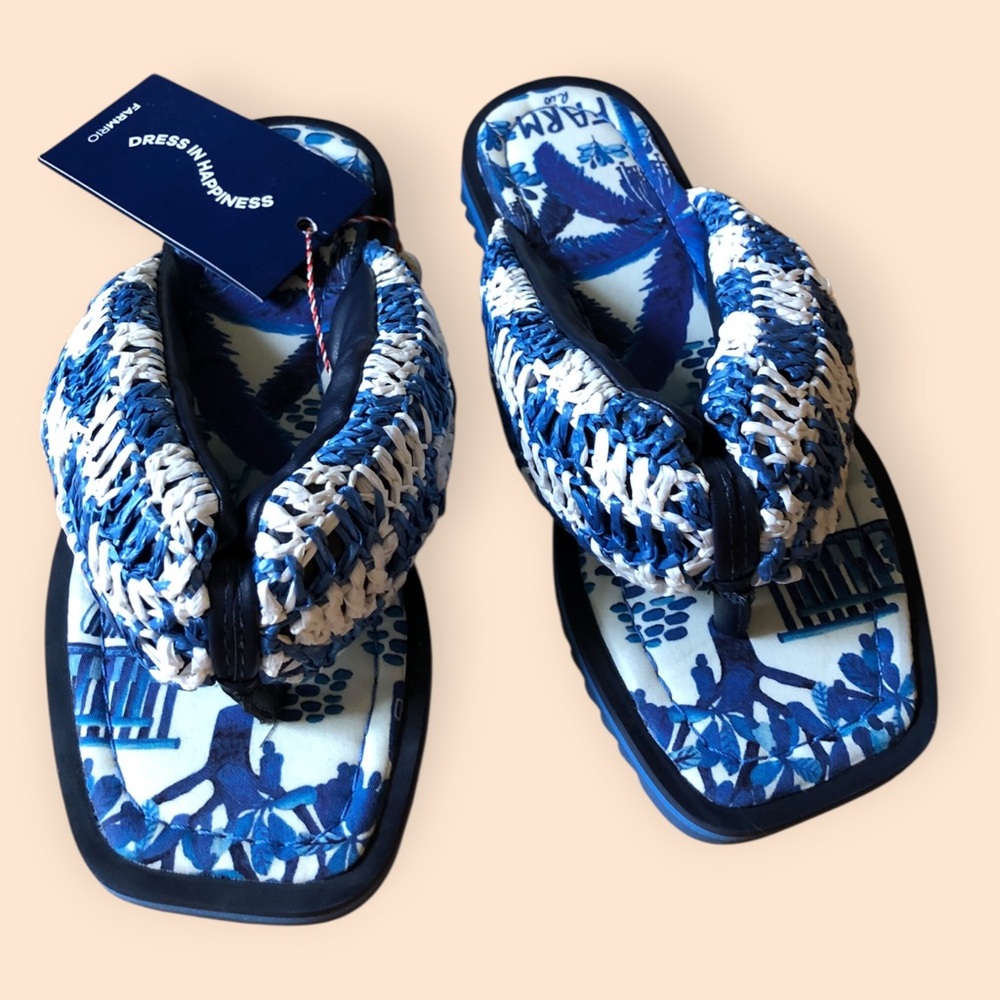 Farm Rio NEW Sweet Rio Raffia Puffy Flip Flop Blue White Vegan Summer Women US 6 - Picture 3 of 16